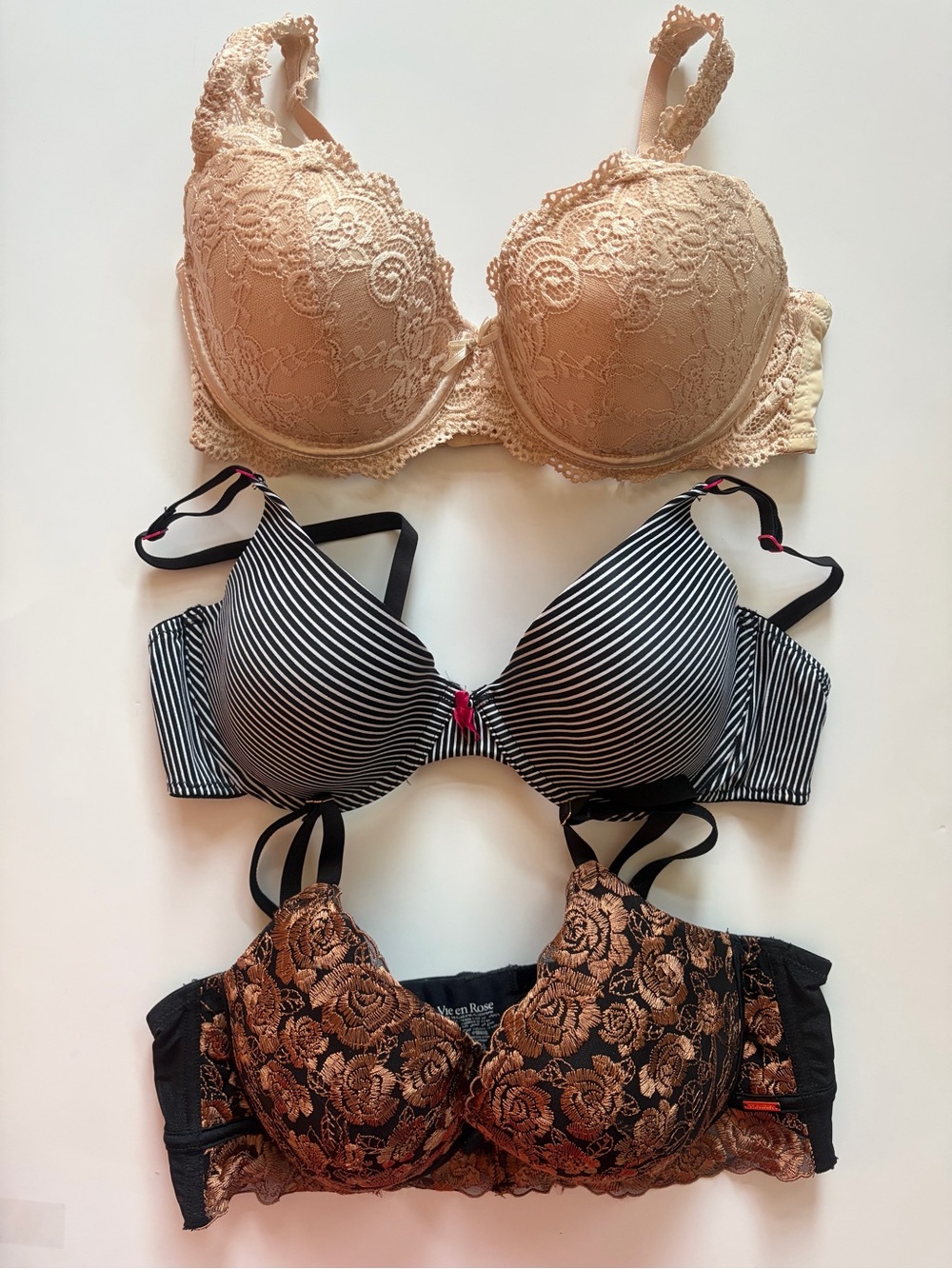3 pack bundle Lace and Striped Bra Set  Nude, Black/White, Black/Bronze size 38B